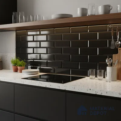 Modern kitchen with matte black laminate cabinets, white terrazzo countertop, and glossy black subway backsplash tiles