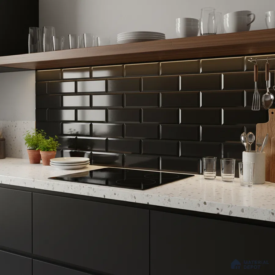 Modern kitchen with matte black laminate cabinets, white terrazzo countertop, and glossy black subway backsplash tiles