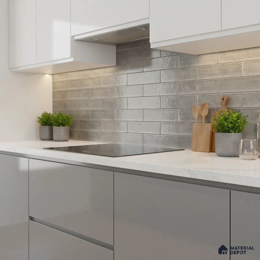 Minimalist kitchen with glossy grey laminate cabinets, white marble-look quartz countertop, and silver subway backsplash tiles