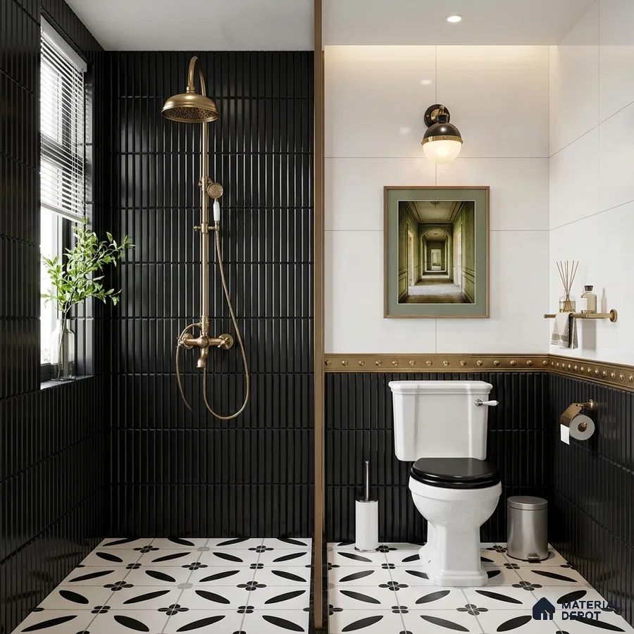 Modern kitchen with black kitkat subway wall tiles, terrazzo countertop, and matte black cabinets