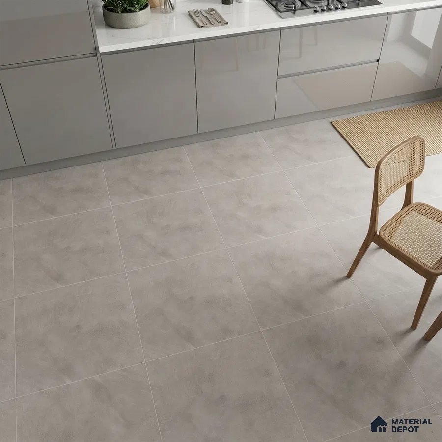Modern kitchen with glossy grey laminate cabinets and light grey stone-look floor tiles