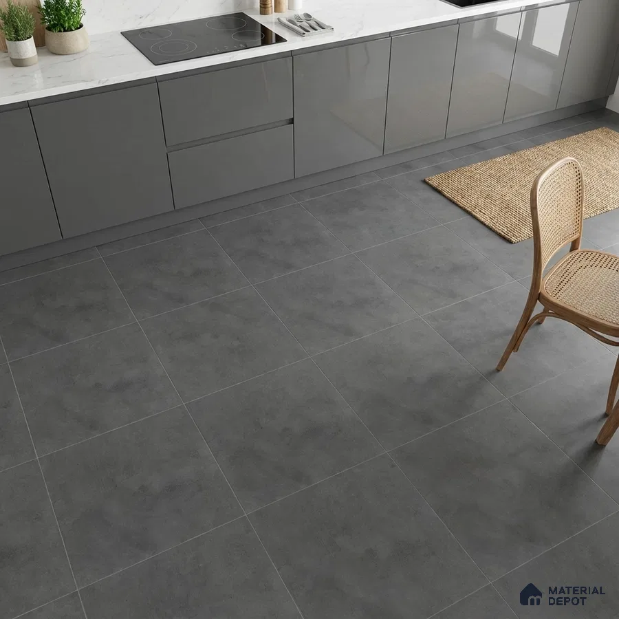 Modern kitchen with grey high gloss laminate cabinets, white marble countertop, and matte grey stone floor tiles