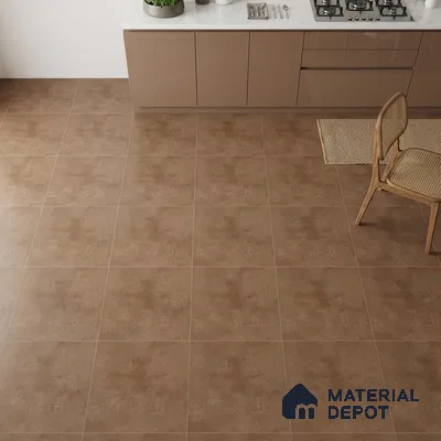 Modern kitchen with taupe high gloss laminate cabinets and matte brown stone-look floor tiles