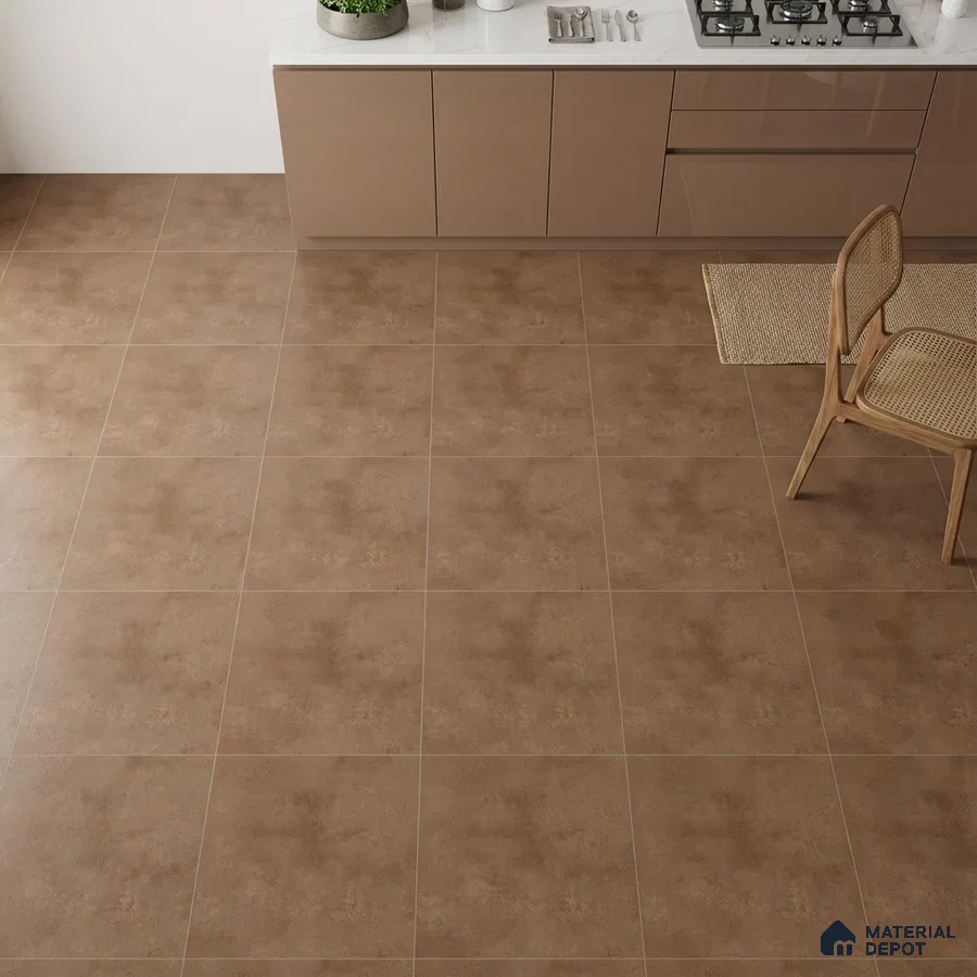 Modern kitchen with taupe high gloss laminate cabinets and matte brown stone-look floor tiles