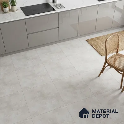 Minimalist kitchen with glossy grey laminate cabinets, white marble countertop, and light grey matte floor tiles