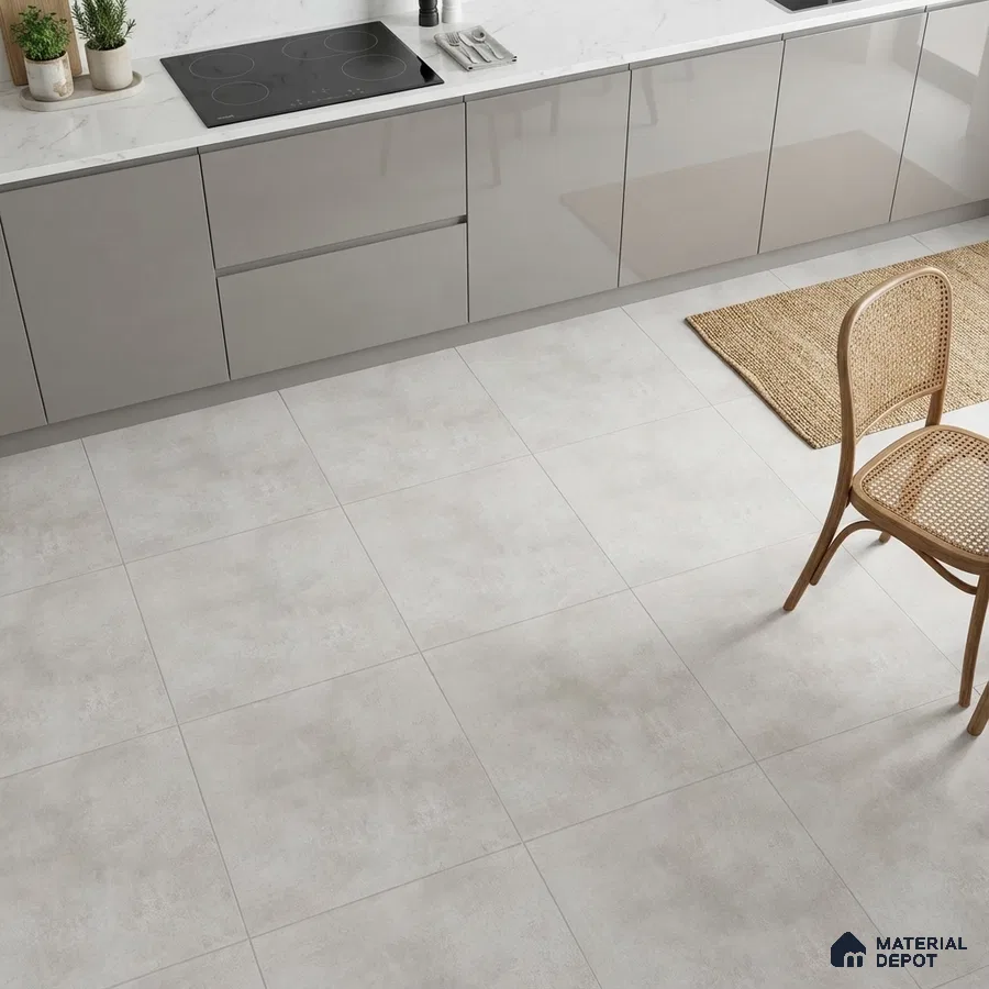 Minimalist kitchen with glossy grey laminate cabinets, white marble countertop, and light grey matte floor tiles