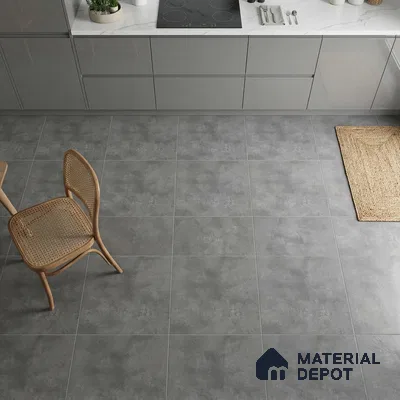 Modern kitchen with grey matte laminate cabinets, white marble countertop, and light grey stone-look floor tiles