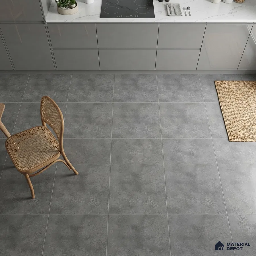 Modern kitchen with grey matte laminate cabinets, white marble countertop, and light grey stone-look floor tiles