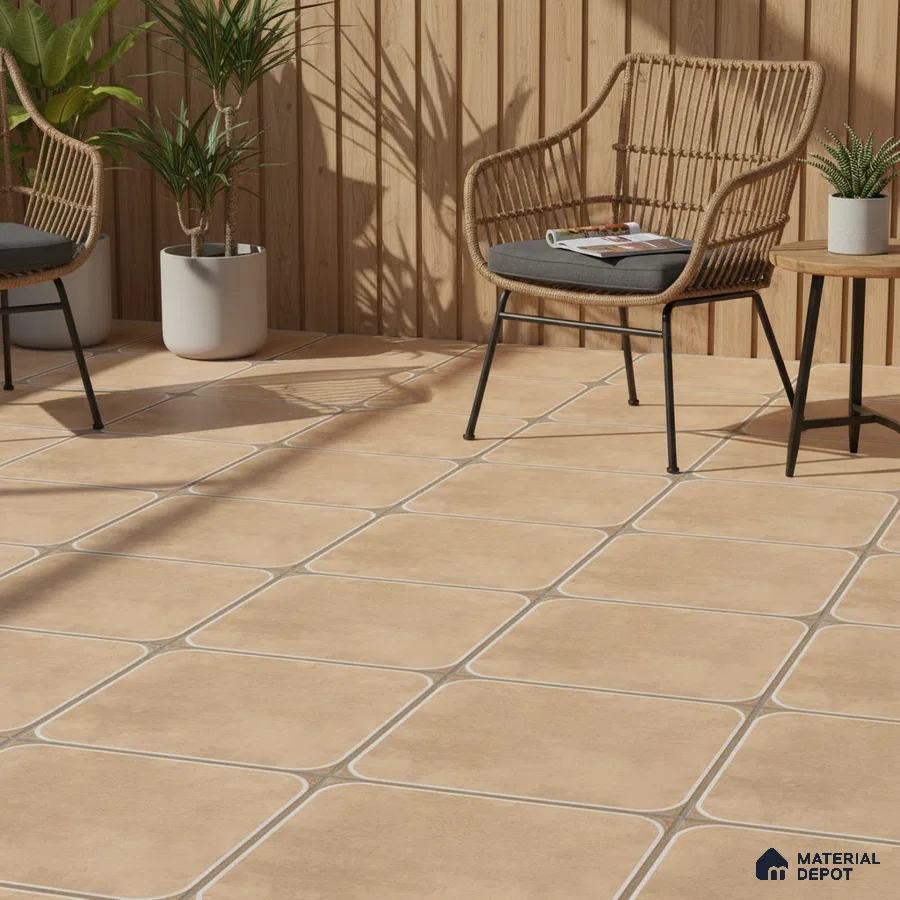 Scandinavian outdoor seating with beige ceramic floor tiles and natural wood wall panels