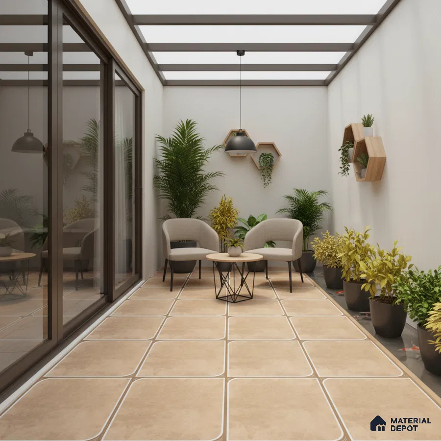 Modern balcony with beige floor tiles, wooden hexagonal wall shelves, and potted plants