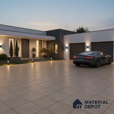 Modern parking with large beige outdoor floor tiles and minimal facade cladding