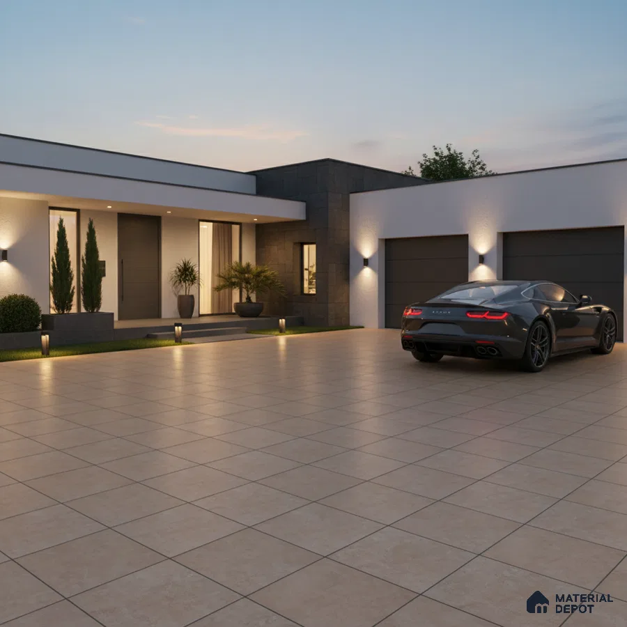 Modern parking with large beige outdoor floor tiles and minimal facade cladding