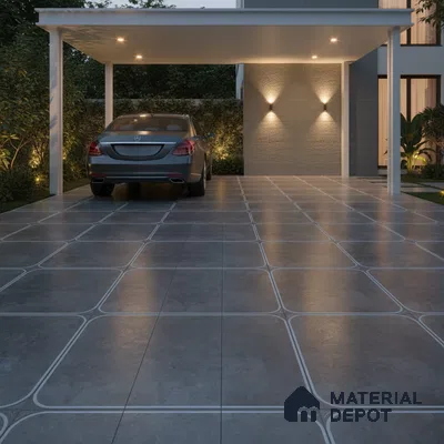 Modern parking with grey matte cement-look floor tiles and geometric grid pattern