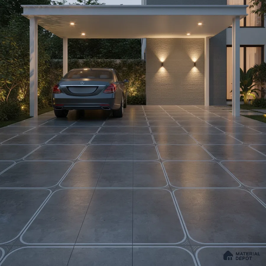Modern parking with grey matte cement-look floor tiles and geometric grid pattern