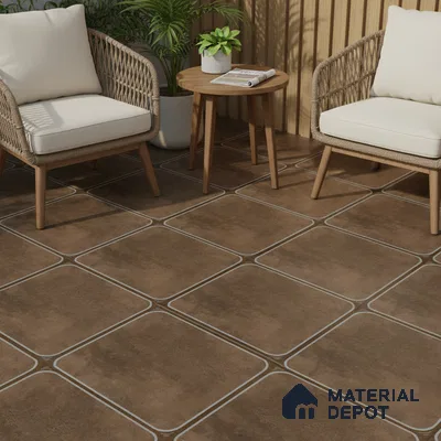 Scandinavian outdoor seating with brown stone-look floor tiles and rattan furniture