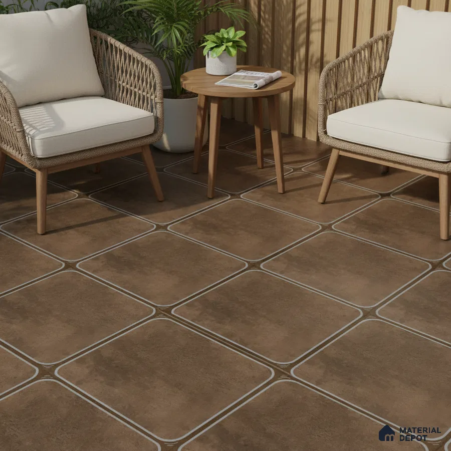 Scandinavian outdoor seating with brown stone-look floor tiles and rattan furniture