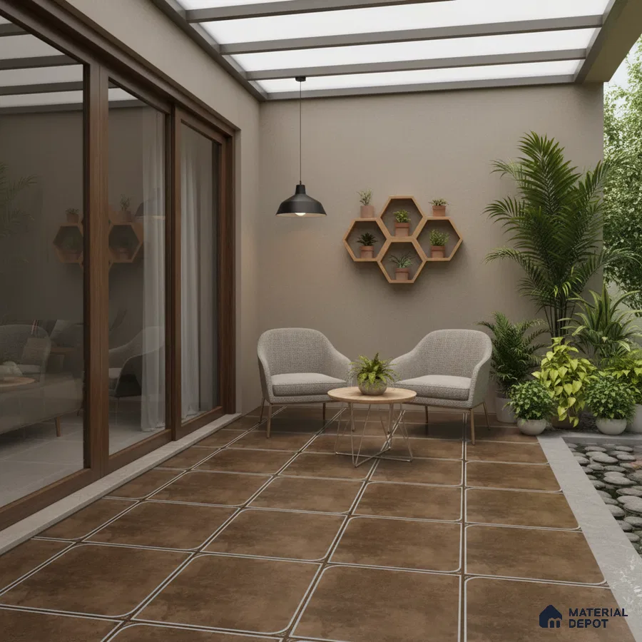 Modern outdoor patio with brown rustic floor tiles and wooden accents