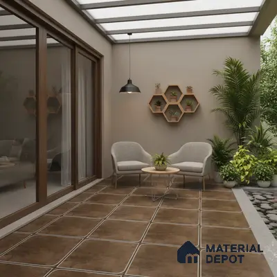 Modern outdoor patio with brown rustic floor tiles and wooden accents