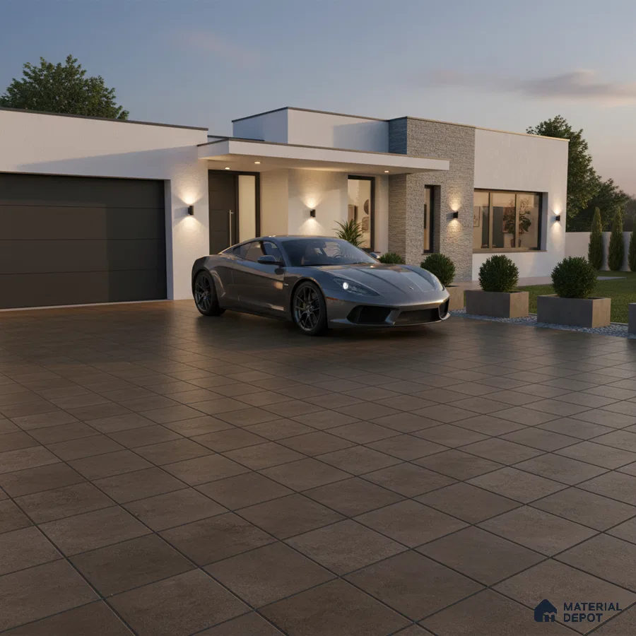 Modern parking with matte brown outdoor floor tiles and white textured exterior walls
