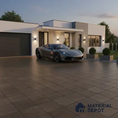 Modern parking with matte brown outdoor floor tiles and white textured exterior walls