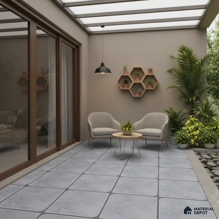 Modern balcony with grey cement floor tiles and wooden hexagonal wall shelves