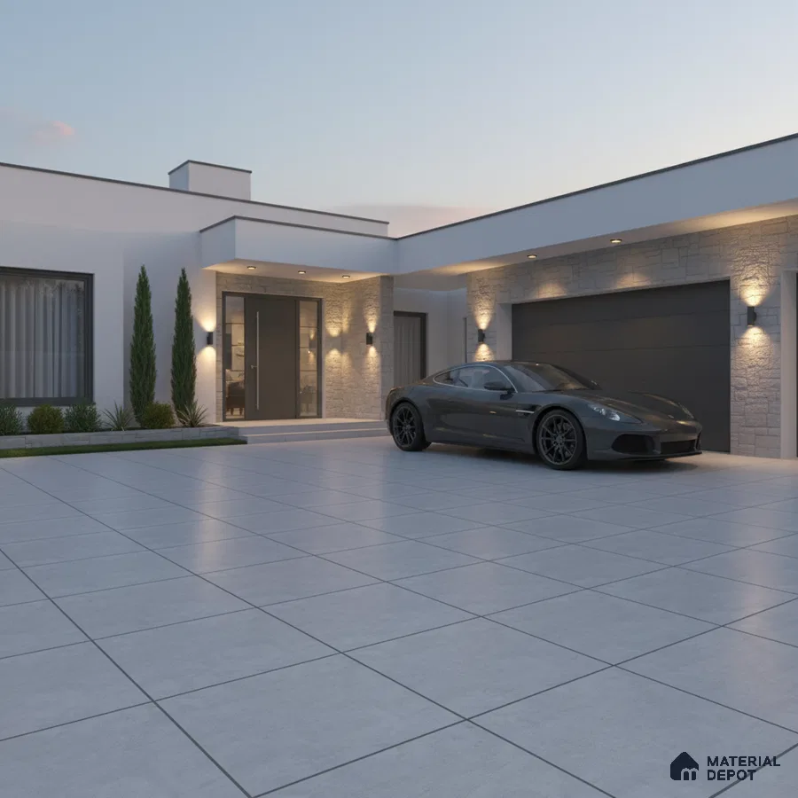 Modern parking with large grey outdoor floor tiles and stone cladding accent wall
