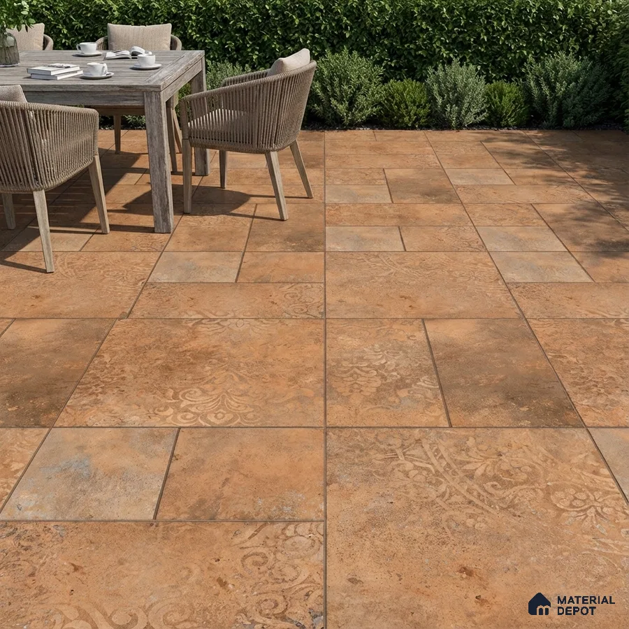 Mediterranean outdoor patio with terracotta patterned floor tiles and rustic wooden dining set