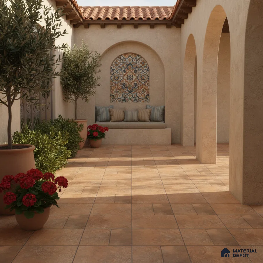 Mediterranean outdoor patio with terracotta floor tiles and patterned mosaic wall tile