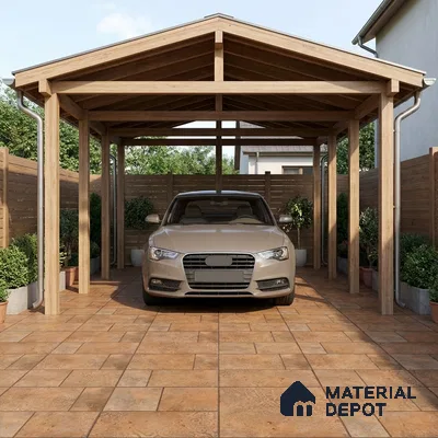 Modern parking with terracotta floor tiles and natural wood pergola structure