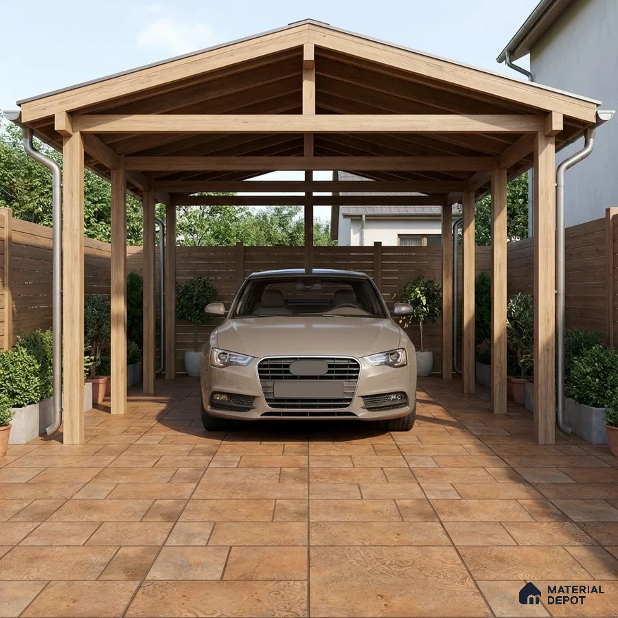 Modern parking with terracotta floor tiles and natural wood pergola structure