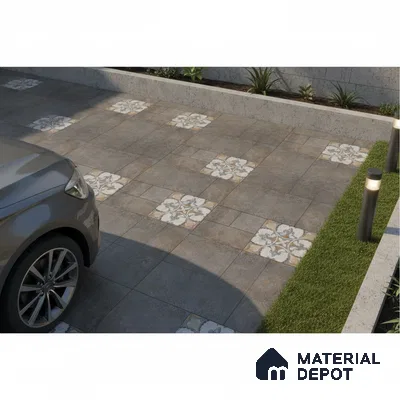 Modern parking with grey stone tiles and floral patterned accent tiles