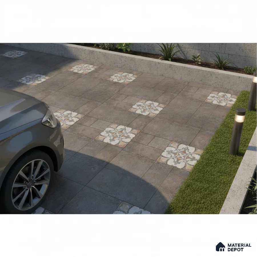 Modern parking with grey stone tiles and floral patterned accent tiles
