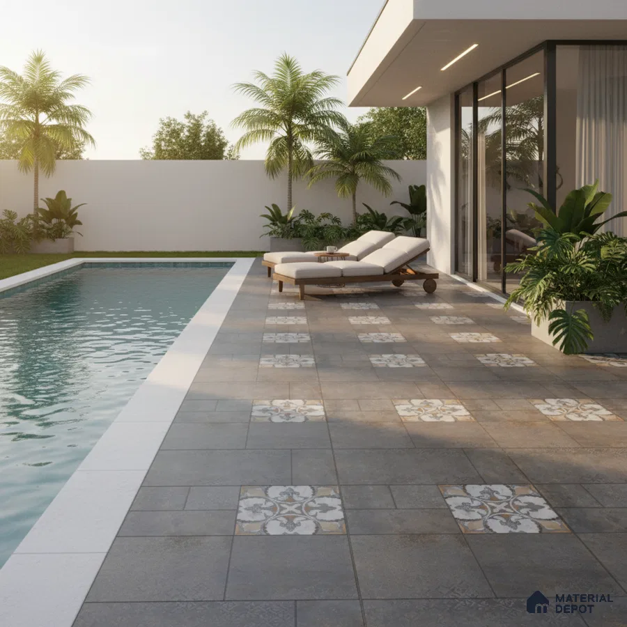 Modern outdoor poolside with grey stone tiles and patterned accent floor tiles