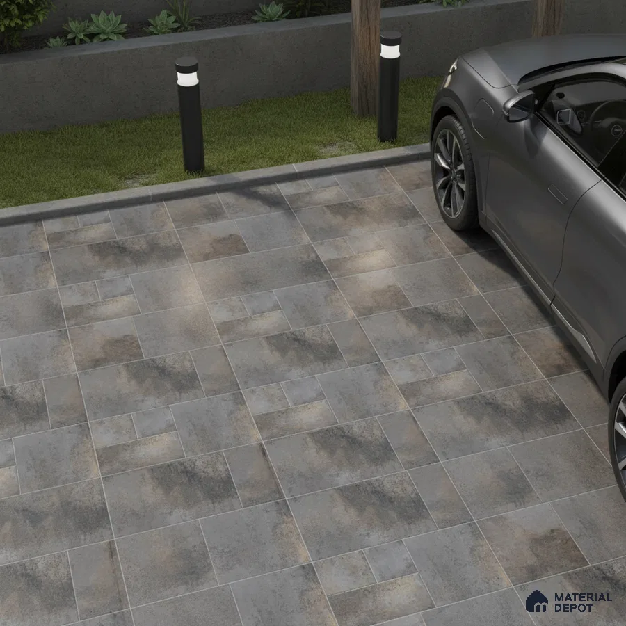 Modern parking with rustic grey and brown stone-look floor tiles
