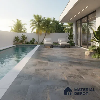 Modern outdoor poolside with grey stone-look floor tiles and tropical landscaping