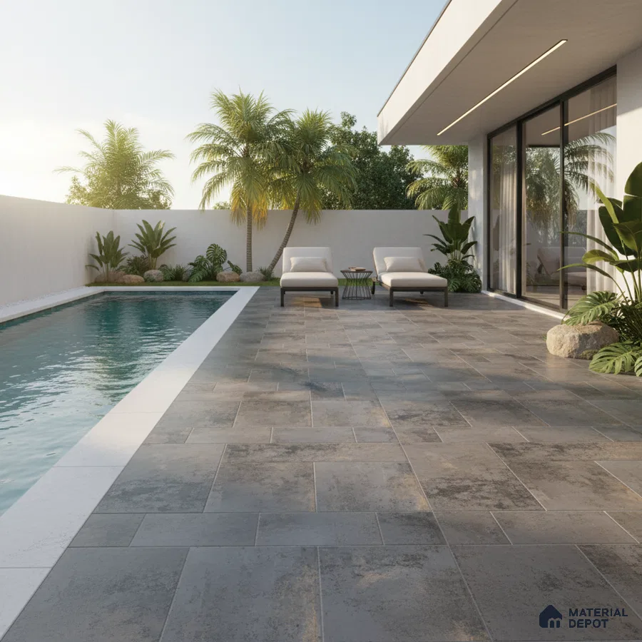 Modern outdoor poolside with grey stone-look floor tiles and tropical landscaping