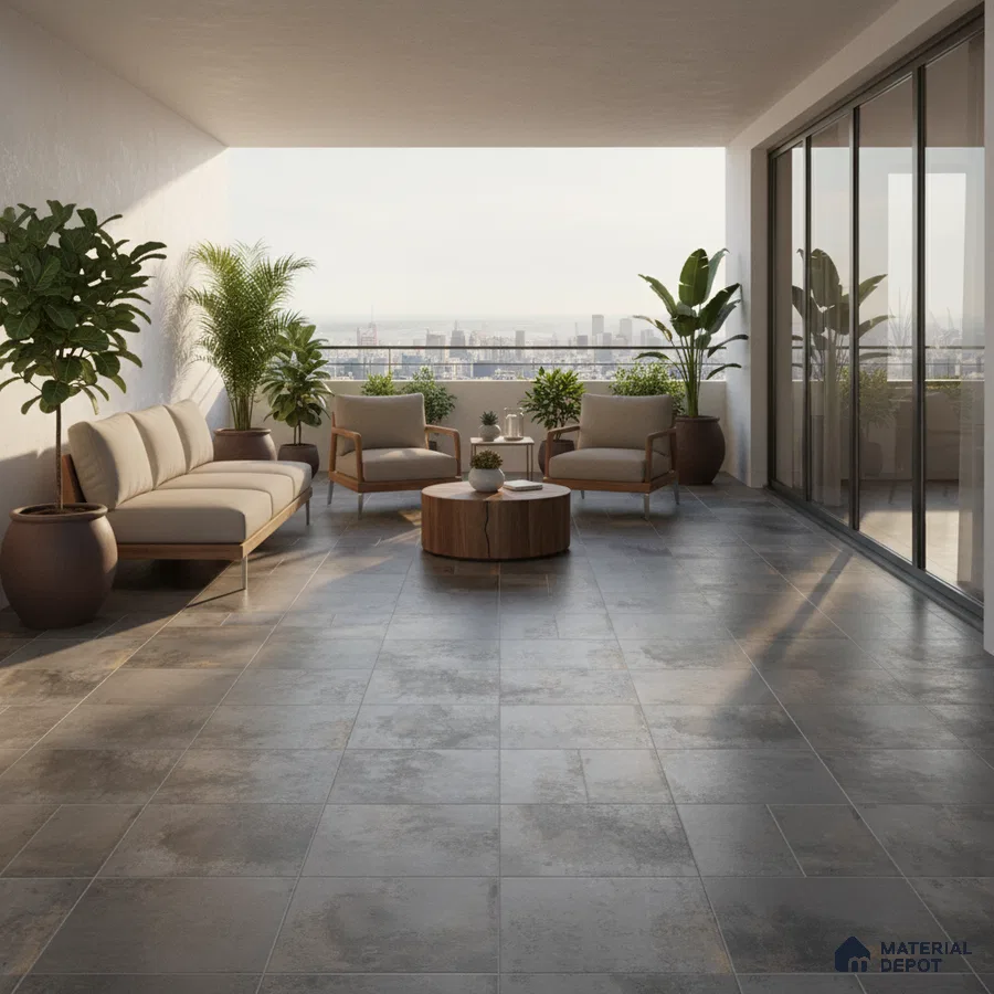 Modern balcony with matte grey stone-look floor tiles and wooden outdoor furniture
