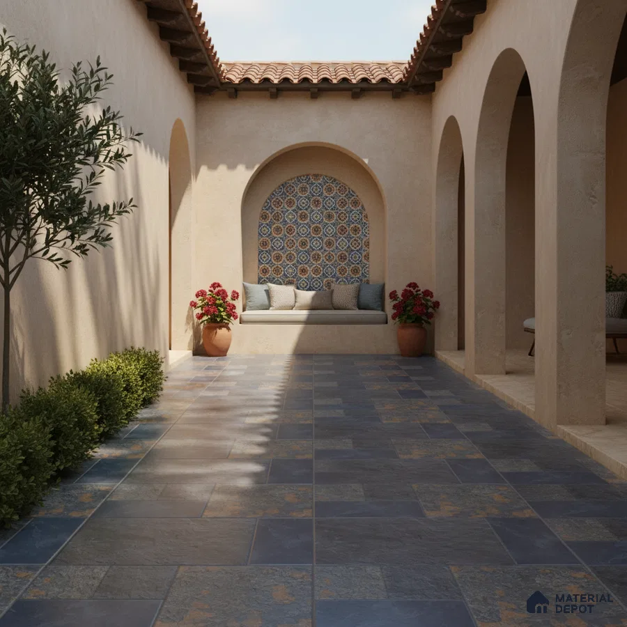 Mediterranean outdoor courtyard with patterned mosaic wall tile and rustic stone floor tiles