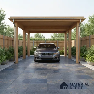 Modern parking with slate finish floor tiles and natural wood carport structure
