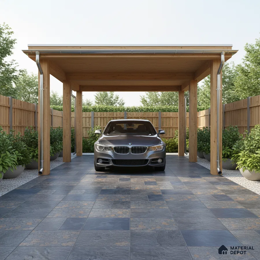 Modern parking with slate finish floor tiles and natural wood carport structure