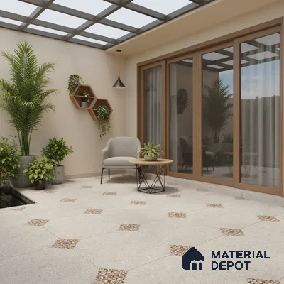 Modern outdoor patio with beige patterned floor tiles and wooden framed glass doors