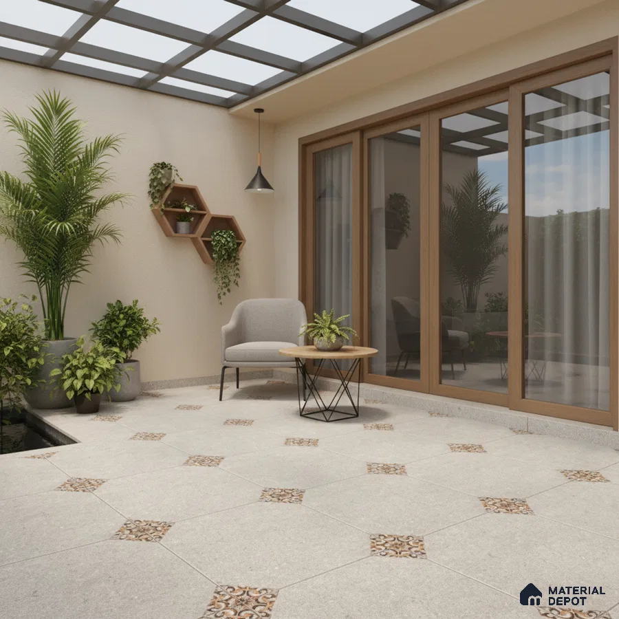 Modern outdoor patio with beige patterned floor tiles and wooden framed glass doors