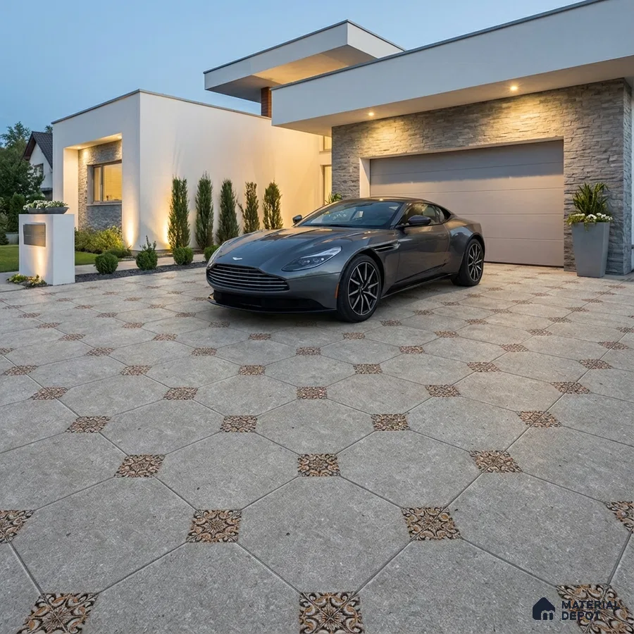 Modern parking with stone cladding, patterned octagonal floor tiles, and contemporary facade