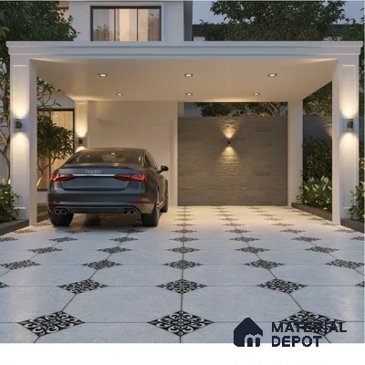 Modern parking with grey stone cladding wall and patterned black-and-white outdoor floor tiles