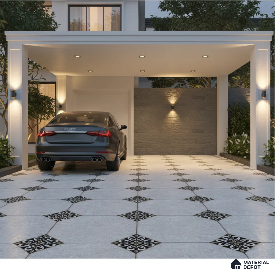 Modern parking with grey stone cladding wall and patterned black-and-white outdoor floor tiles
