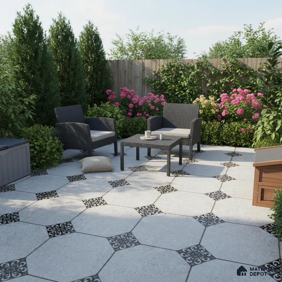 Modern outdoor patio with octagonal grey tiles and black patterned inserts