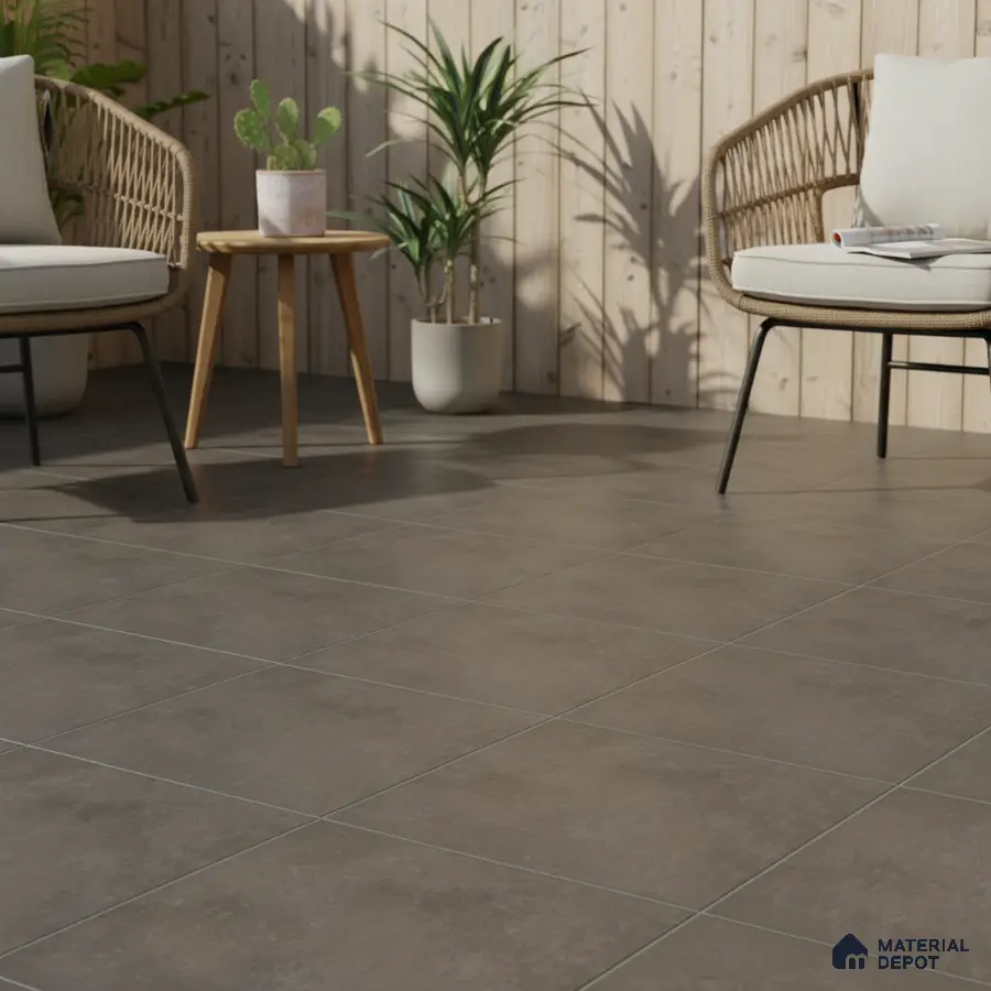 Scandinavian balcony with matte grey floor tiles and light wood wall cladding