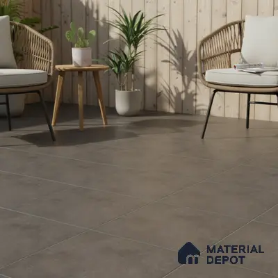 Scandinavian balcony with matte grey floor tiles and light wood wall cladding