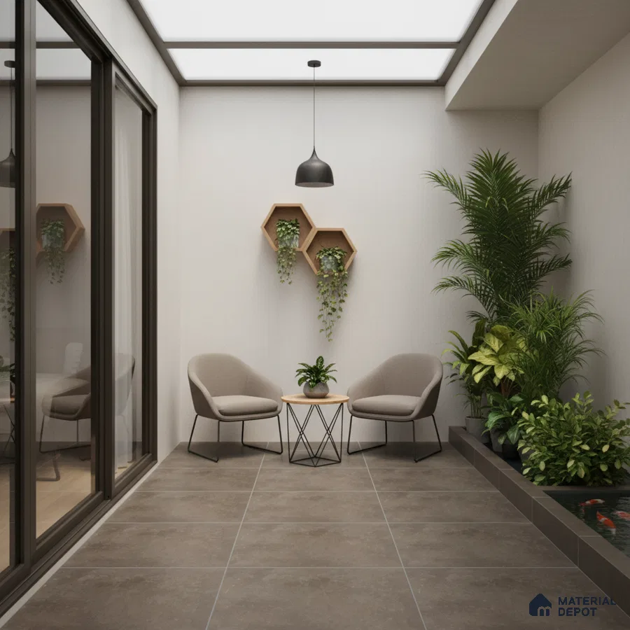 Minimalist balcony with taupe matte floor tiles and indoor planters
