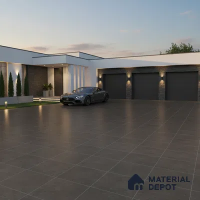 Modern parking with large format matte brown floor tiles and stone cladding accents